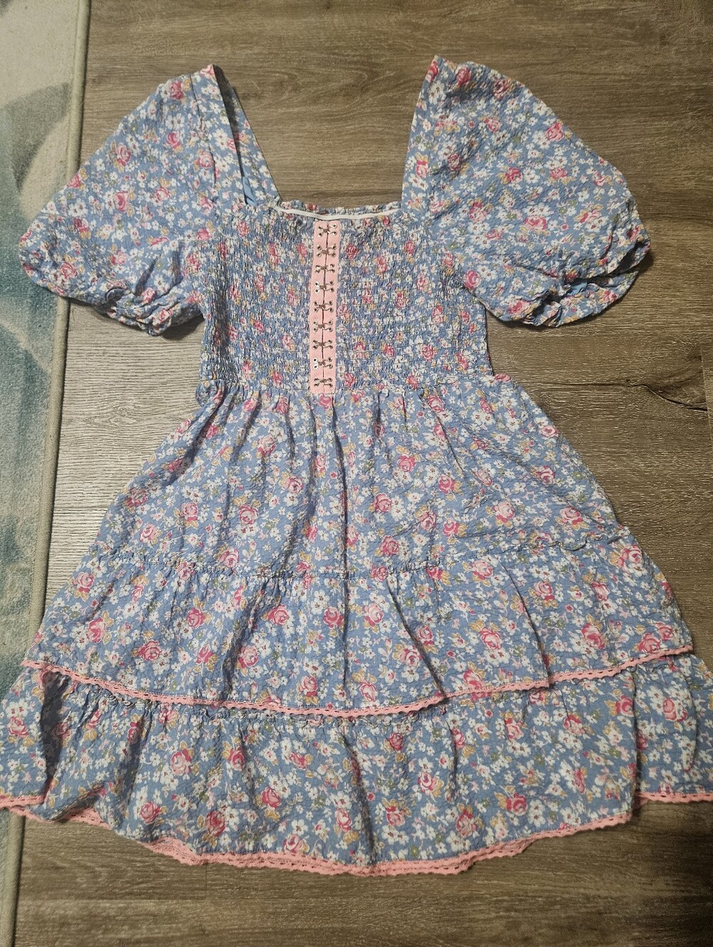 Betsey Johnson Blue Floral Smocked Puff-Sleeve Dress with Pink Trim Accents